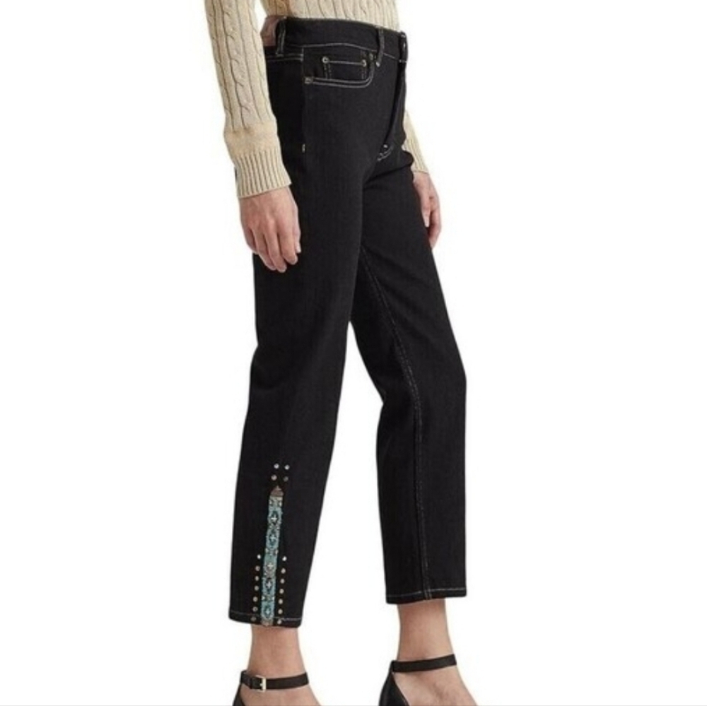 Lauren Ralph Lauren Beaded High Rise Straight Cropped Jeans Black Denim Wome's 4